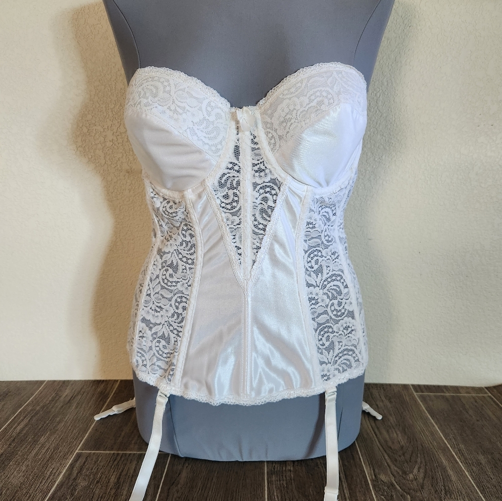 Va Bien White Long Line Bustier with Garter Straps | Label Size 38B